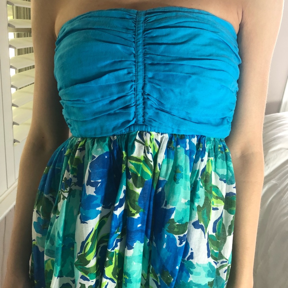 Zara Silk Lined Floral Blue Green Halter Dress Church or Office Attire - Picture 4 of 6